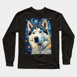 Siberian Husky Painting Dog Breed in a Van Gogh Starry Night Art Style Long Sleeve T-Shirt